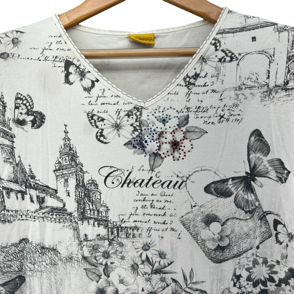 VTG Katina Marie SZ XL White Toile Butterfly Chateau Rhinestone V-Neck Top USA
